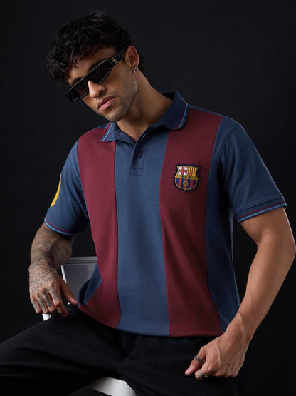 The Souled Store FC Barcelona: Retro Men and Boys Short Sleeve Spread Collar Navy Blue and Maroon Colour-Block Embroidered Cotto