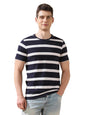 Dennis Lingo Men Navy Blue Blazer Stripes Round Neck Half Sleeves Regular Fit T-Shirt