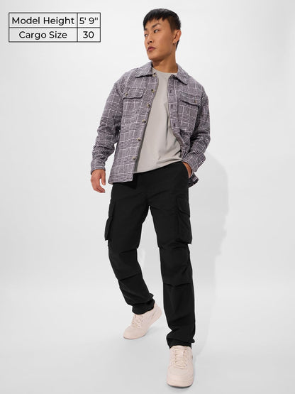 The Souled Store Solids: Ink Black Men and Boys Buttoned Cotton Straight Fit Parachute Pants