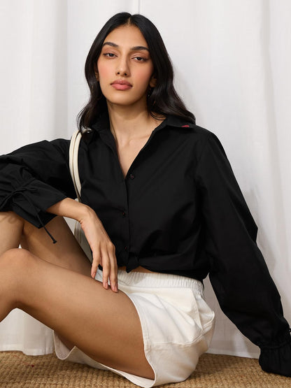 The Souled Store Hearts Women and Girls Long Sleeves Collared Neck Button Front Solid Black Regular Fit Cotton Shirts