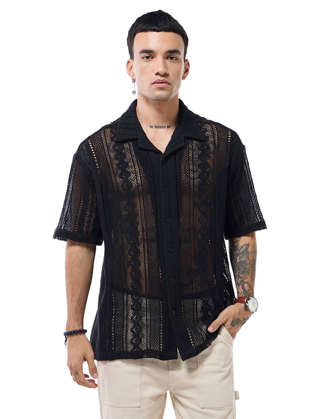Bewakoof Mens Self Design Oversized Fit Half Sleeve Resort Collar Pure Cotton Crochet Shirt_633634_Black_XL