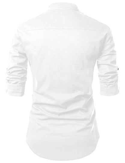 Zombom MenS Solid Cotton Blend Casual Regular Fit Mandarin/Chinese Collor Full Sleeve Kurta Shirt For Men White