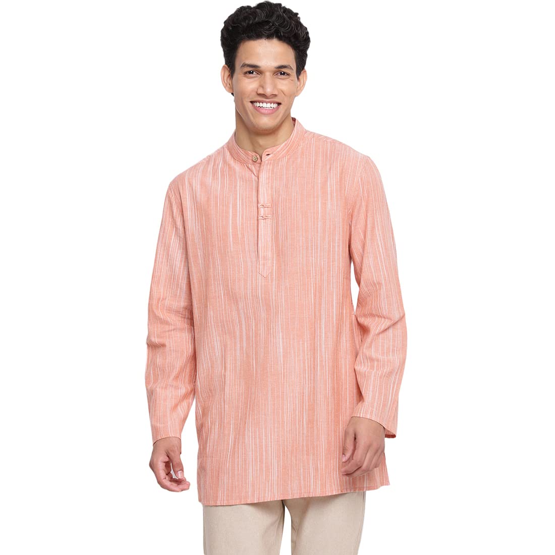 Fabindia Men Cotton Short Kurta Regular Fit Pink_Xs