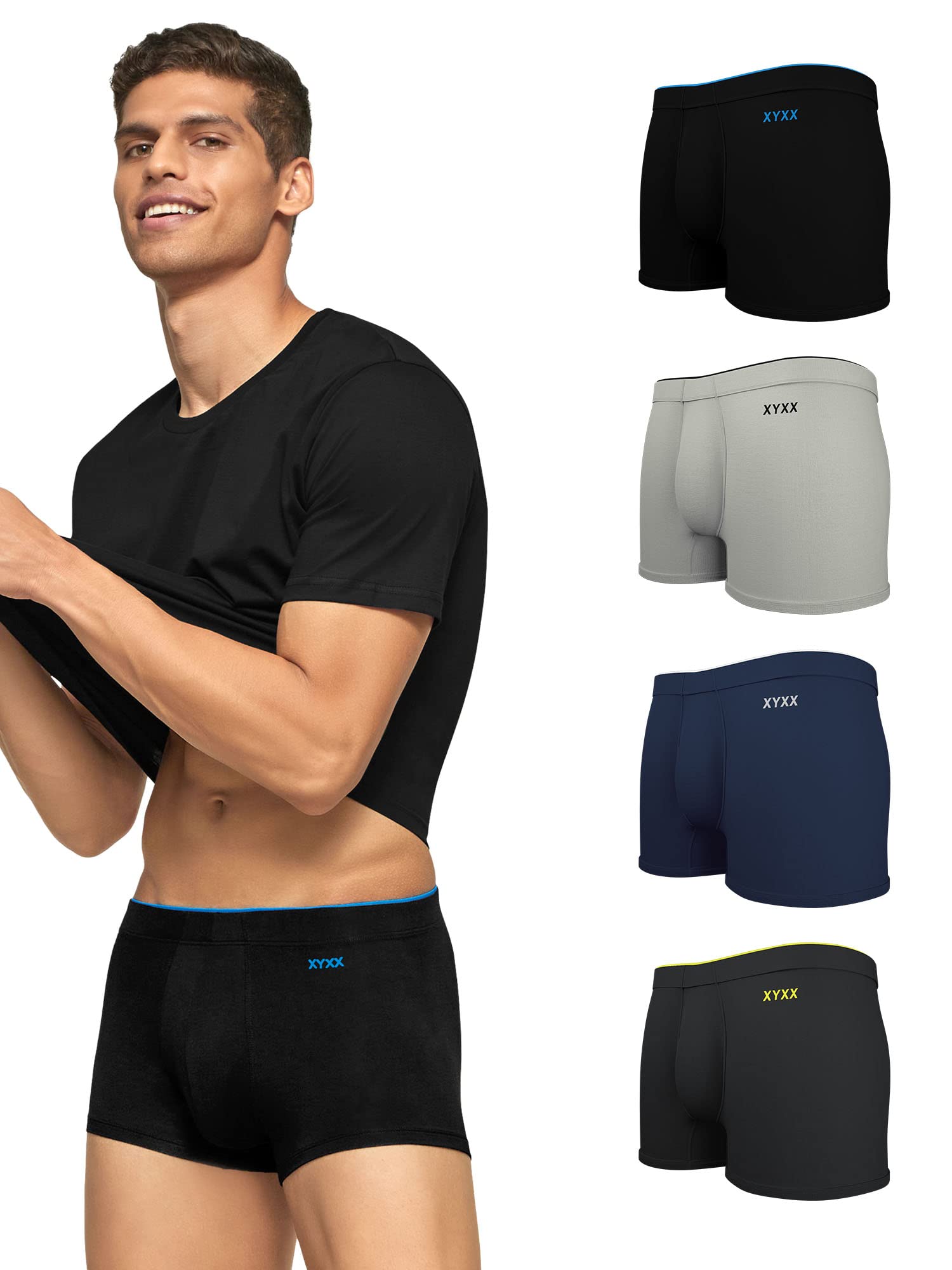XYXX Mens Underwear Uno IntelliSoft Antimicrobial Micro Modal Trunk Pack of 5 (Dress Blue ; Coral Grey ; Black ; Heather Grey ;