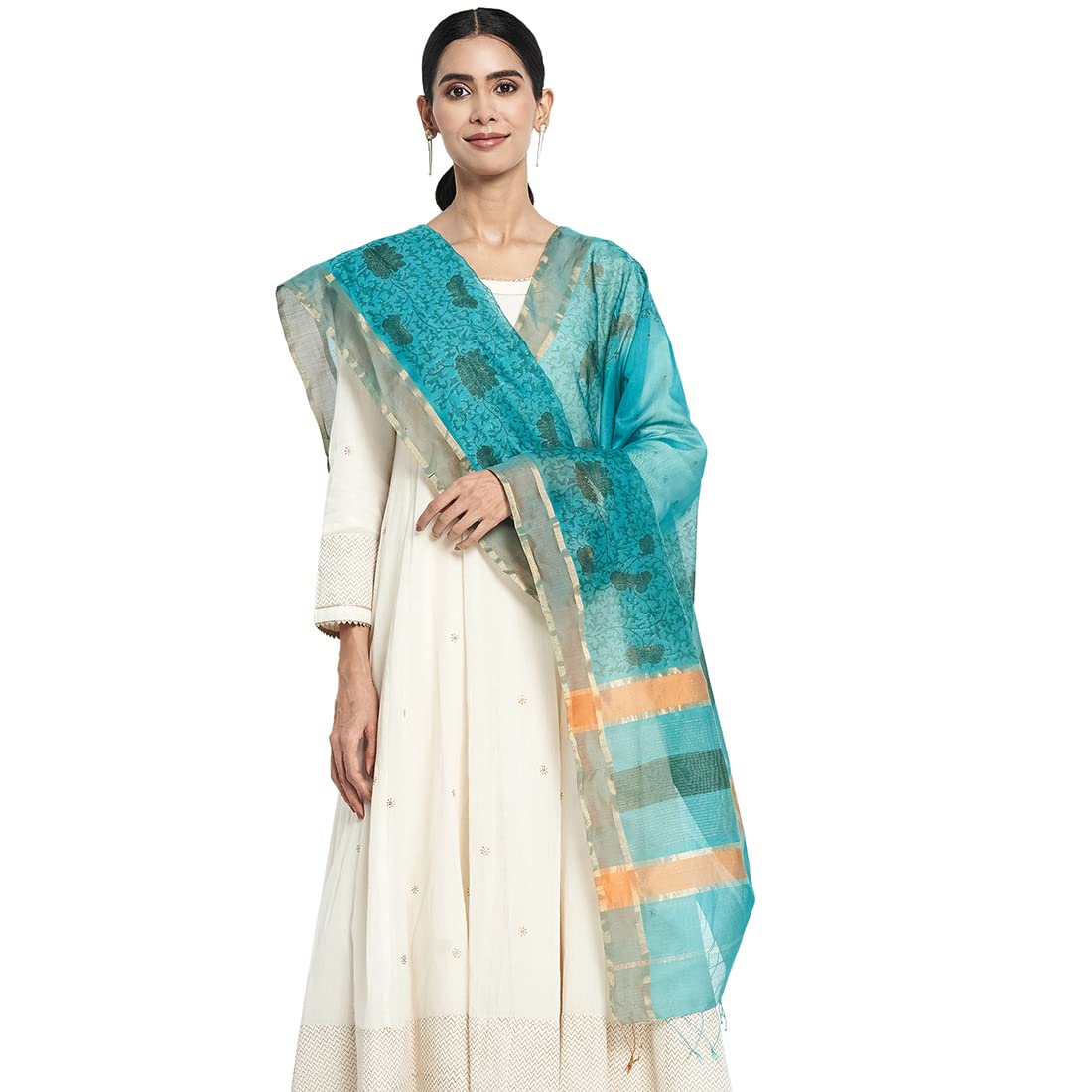 Fabindia Women Cotton Silk Chota Butta Dupatta Turquoise_Freesize