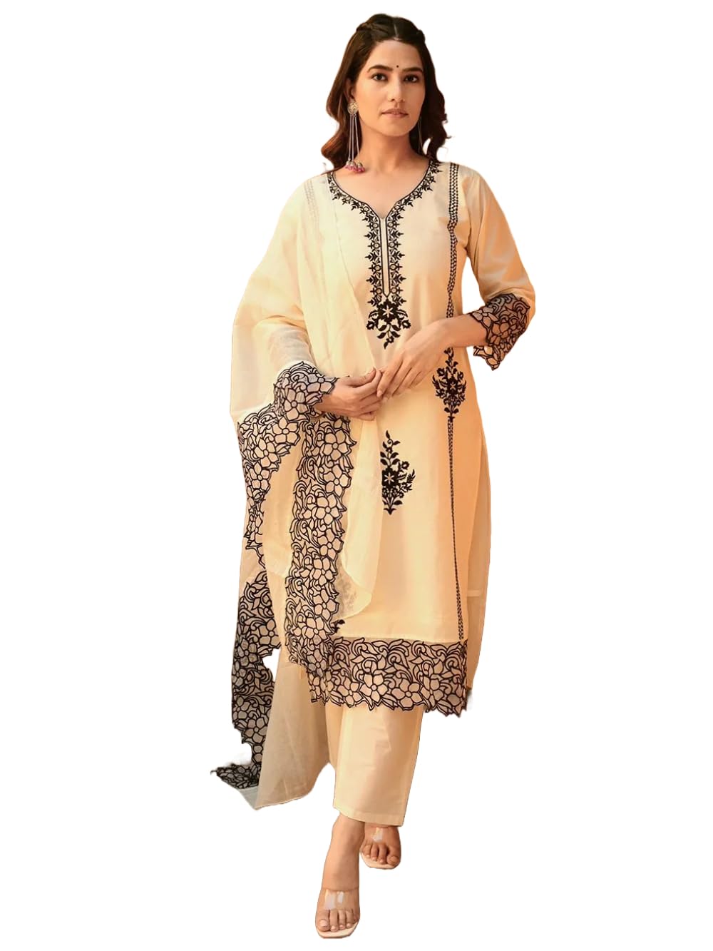 Anni Designer WomenS Cotton Blend Straight Embroidery Kurta With Pant & Dupatta (Trp Off-White_Xxl_White_Xx-Large)