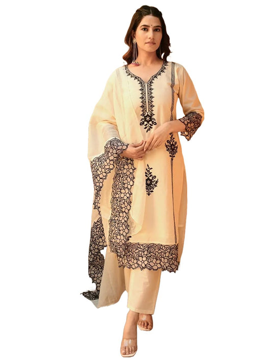 Anni Designer WomenS Cotton Blend Straight Embroidery Kurta With Pant & Dupatta (Trp Off-White_Xxl_White_Xx-Large)