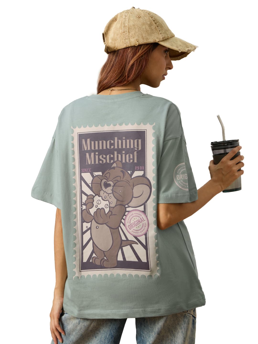 The Souled Store Official Tom & Jerry: Munching Mischief Women and Girls Short Sleeve Round Neck Grey Graphic Printed Cotton Ove