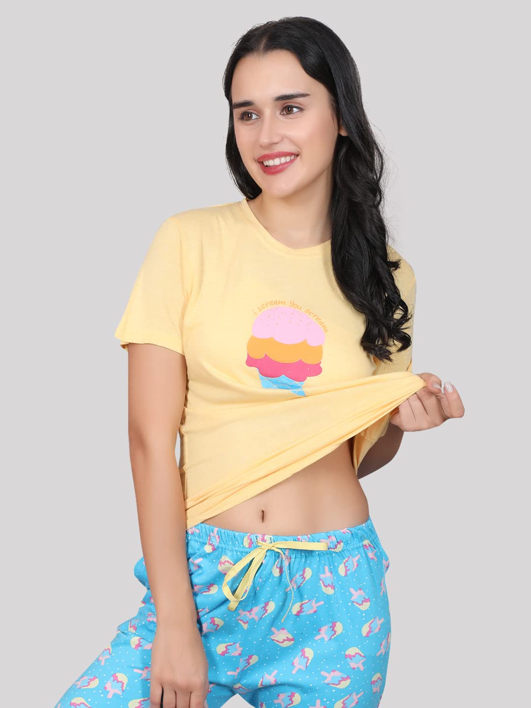 Evolove WomenS Cotton Round Neck Short Sleeves Night Suit Set/Top Pyjama Set Super Soft Comfortable (Yellow Blue, Npskn1641Be-X