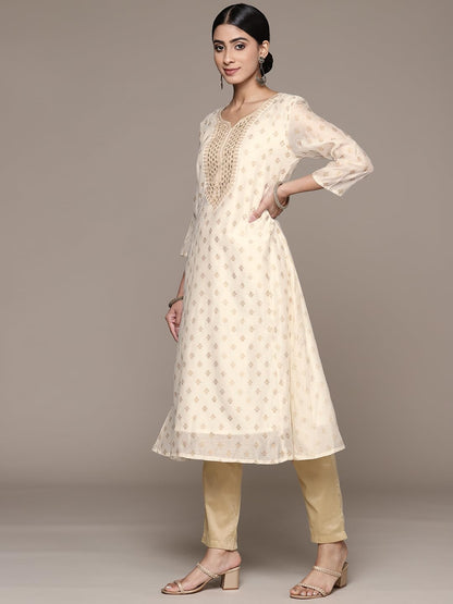 ishin Women's Silk Embellished Off White A-Line Kurta