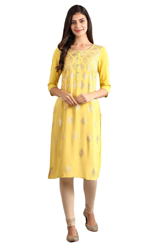 Aurelia Women's Rayon Yellow Round Neck Printed Liva Kurta Knee Length