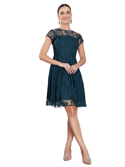 Miss Chase Womens Round Neck Self Designed Mini Dress (Mcaw15D05-43-83-06, Teal, Xl)