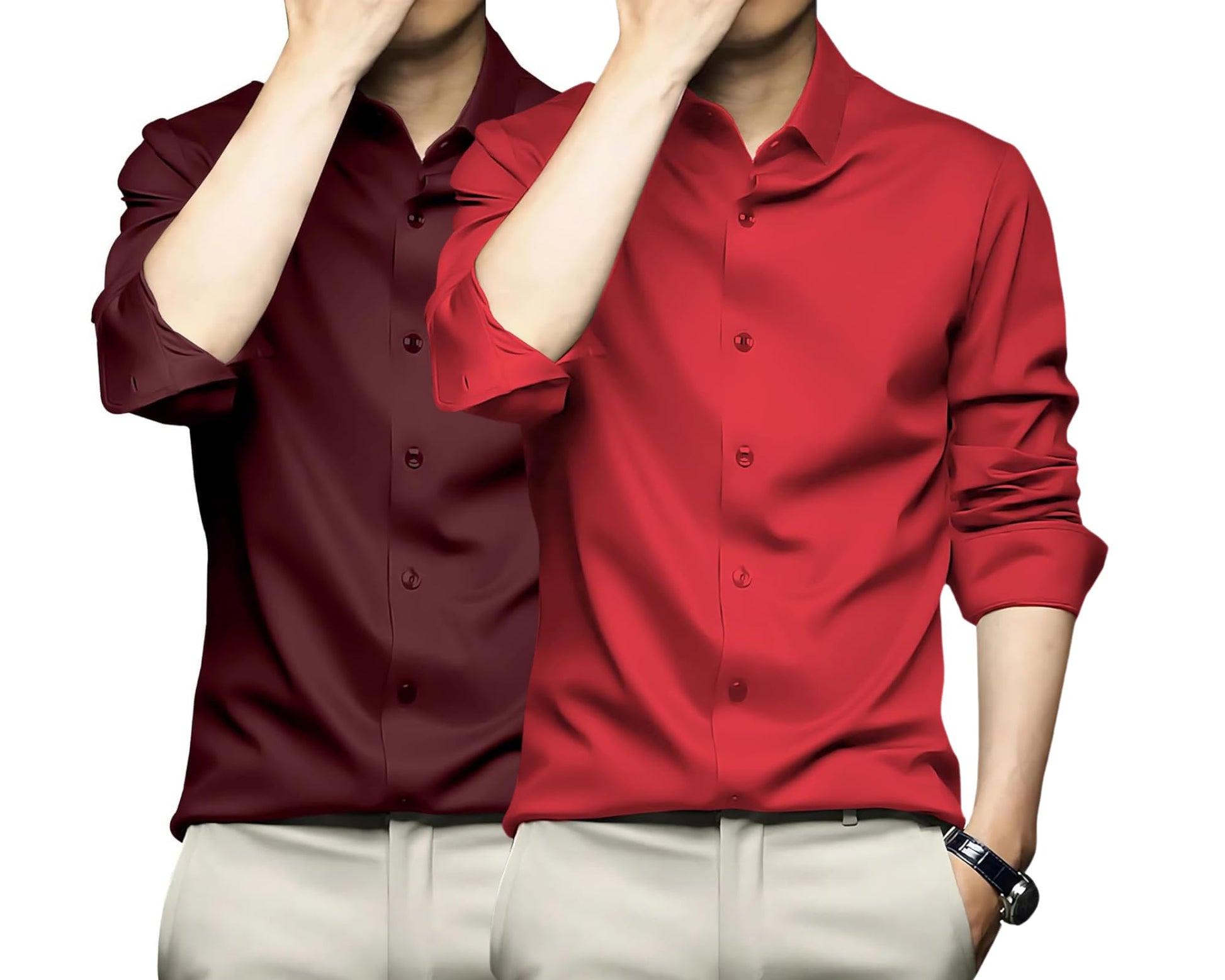 Deelmo Combo Of MenS Stylish Solid Satin Casual Shirt For Men Full Sleeves| Poly Satin Silk Shirt Pack Of 2 Maroon-Red