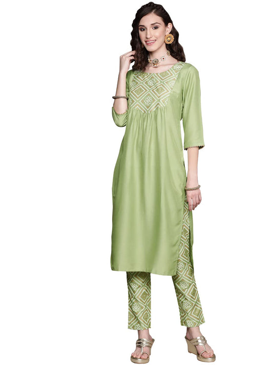Ziyaa Women's Paroot Green Chinon Straight Kurta And Pant Set(ZIKUCH3792ANDPA)