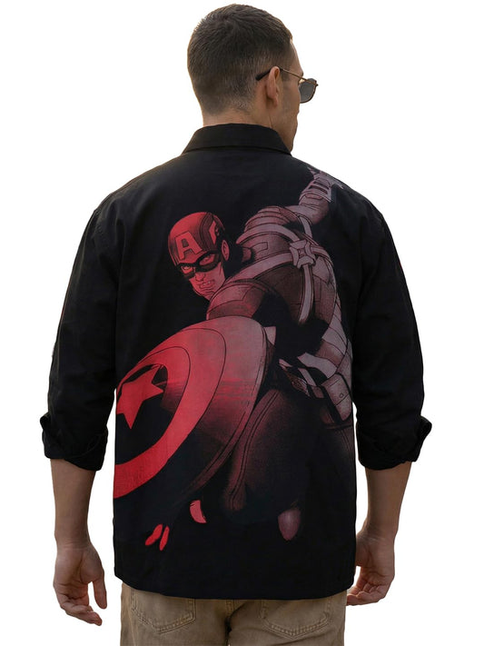 Bewakoof Official Marvel Merchandise Captain America MenS Graphic Print Oversized Fit Full Sleeve Collar Pure Cotton Shirt_6876
