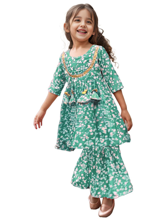 A.T.U.N. (All Things Uber Nice) A.T.U.N. Girls Ethnic Wear Sharara | Floral Green Printed Kurta With Sharara Set For Girls