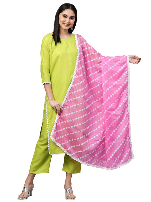 ANNI DESIGNER Women's Cotton Straight Kurta with Pant & Dupatta (VARUNI LIGHT GREEN)