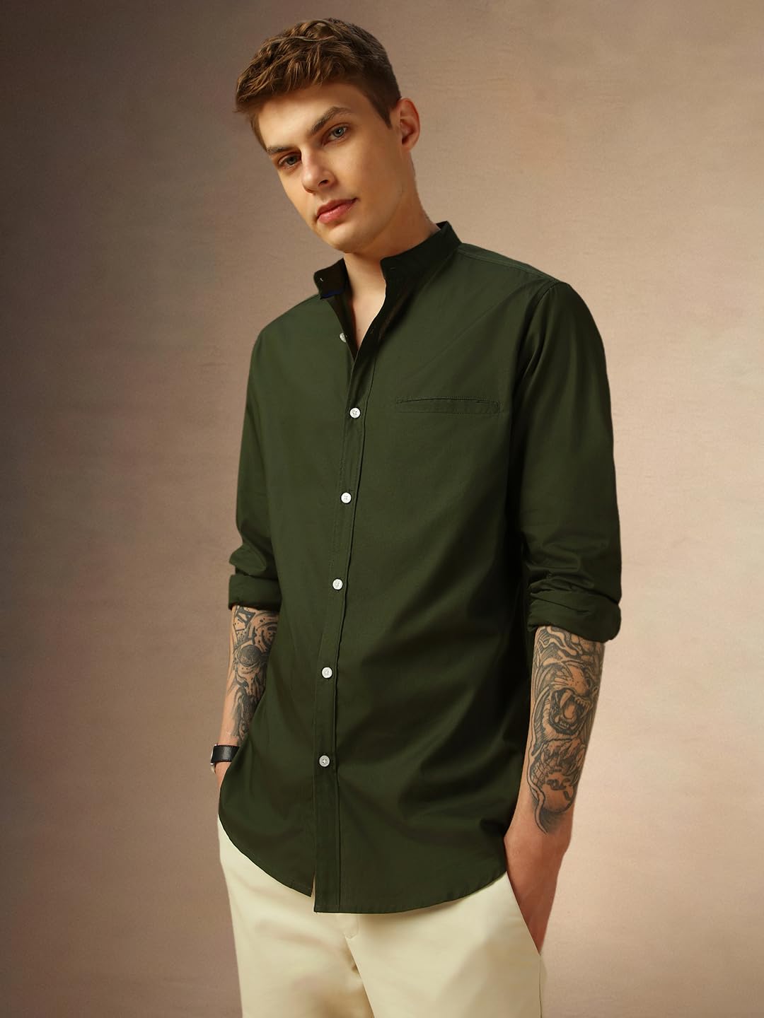 Dennis Lingo MenS Dk Olive Full Sleeve Mandarin Collar Solid Regular Fit Casual Shirt