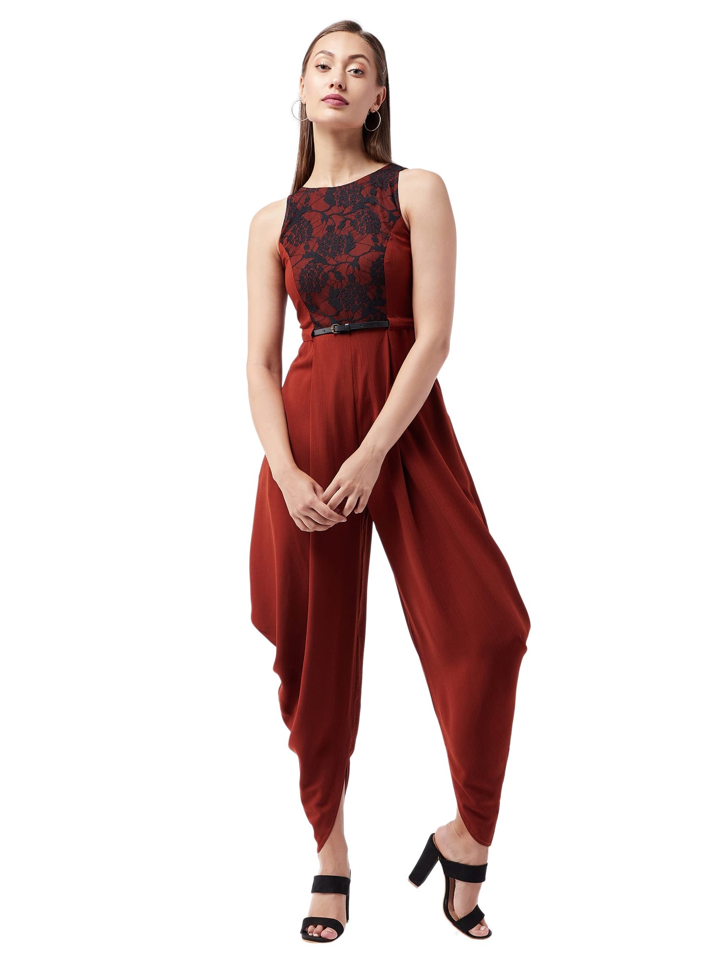 Miss Chase WomenS Rust & Black Round Neck Sleeveless Solid Draped Dhoti Regular Jumpsuit(Mcaw21D15-07-248-06,Rust & Black,Xl)