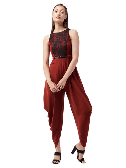Miss Chase WomenS Rust & Black Round Neck Sleeveless Solid Draped Dhoti Regular Jumpsuit(Mcaw21D15-07-248-06,Rust & Black,Xl)