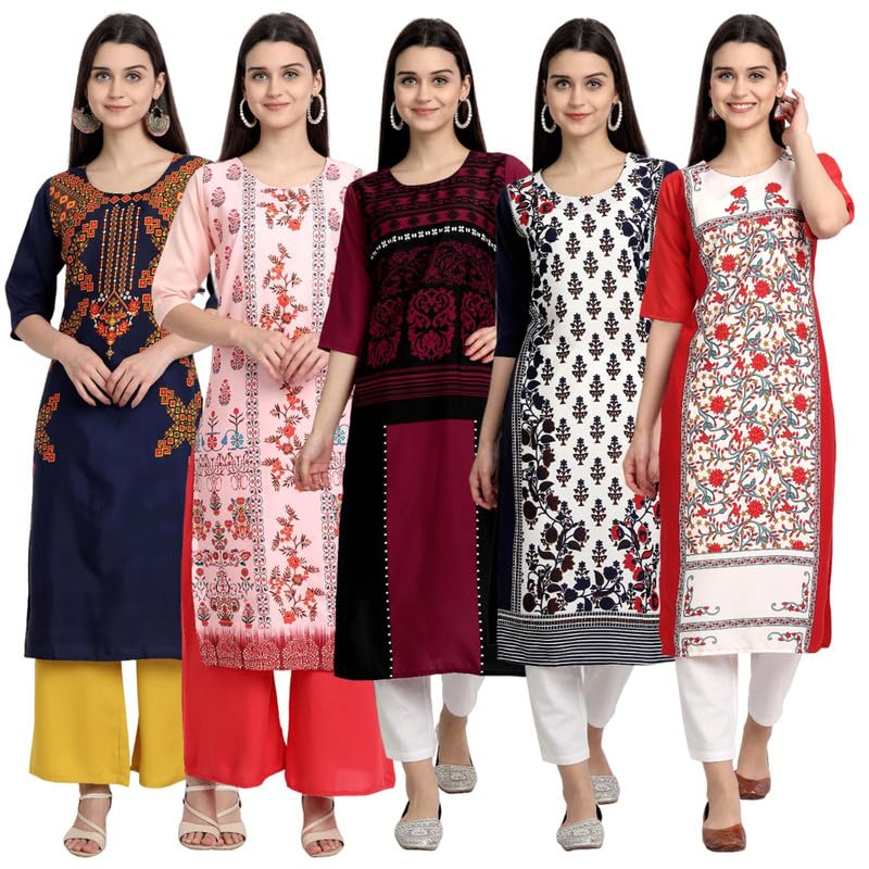 Pinkmint WomenS Printed Kurti For WomenS Round Neck Straight Kurti For Women (Pack Of 5)