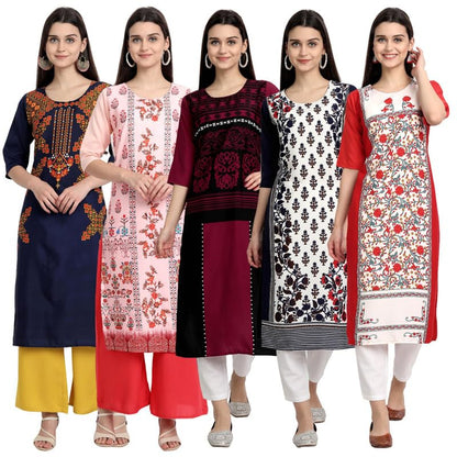 Pinkmint WomenS Printed Kurti For WomenS Round Neck Straight Kurti For Women (Pack Of 5)