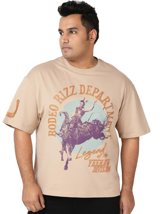 Bewakoof Heavy Duty 1.0 Mens Graphic Print Oversized Fit Half Sleeve Round Neck Cotton Blend Plus Size T-Shirt_690763_Brown_4XL