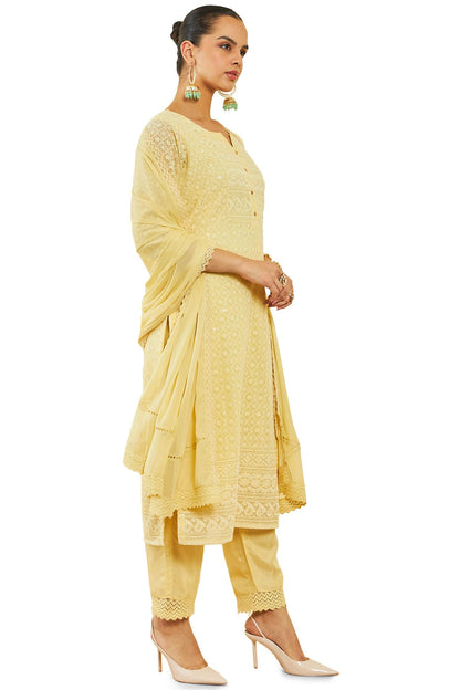 Soch Womens Light Yellow Georgette Suit Set With Self Embroidery And Sequins