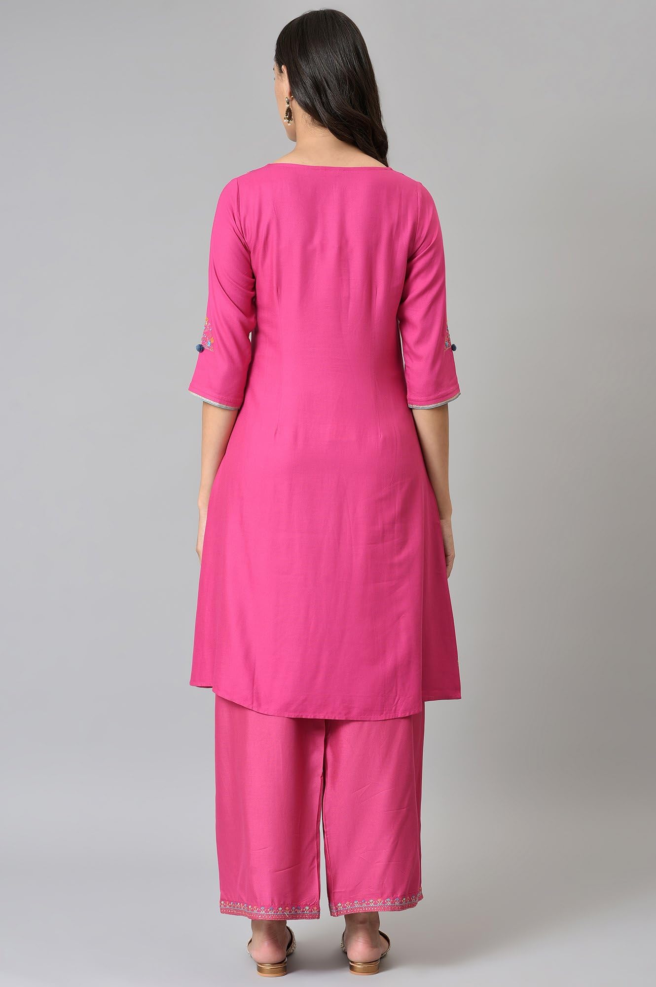 W For Woman Pink Floral Printed Regular Kurta With Metallic Embroidery
