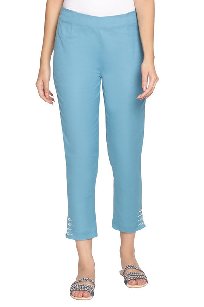 W for Woman W Cotton Blend Strechable Slim Pants for Women | Cotton Blend Slim Pants for Women | Trousers for Women Blue