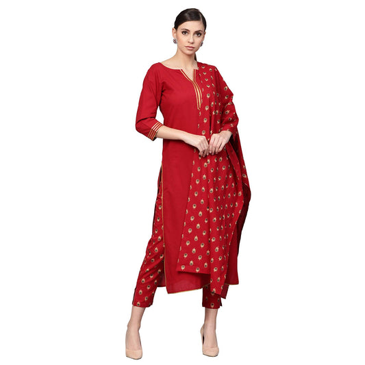 Idalia Women's Maroon Cotton Kurta With Printed Pants & Dupatta