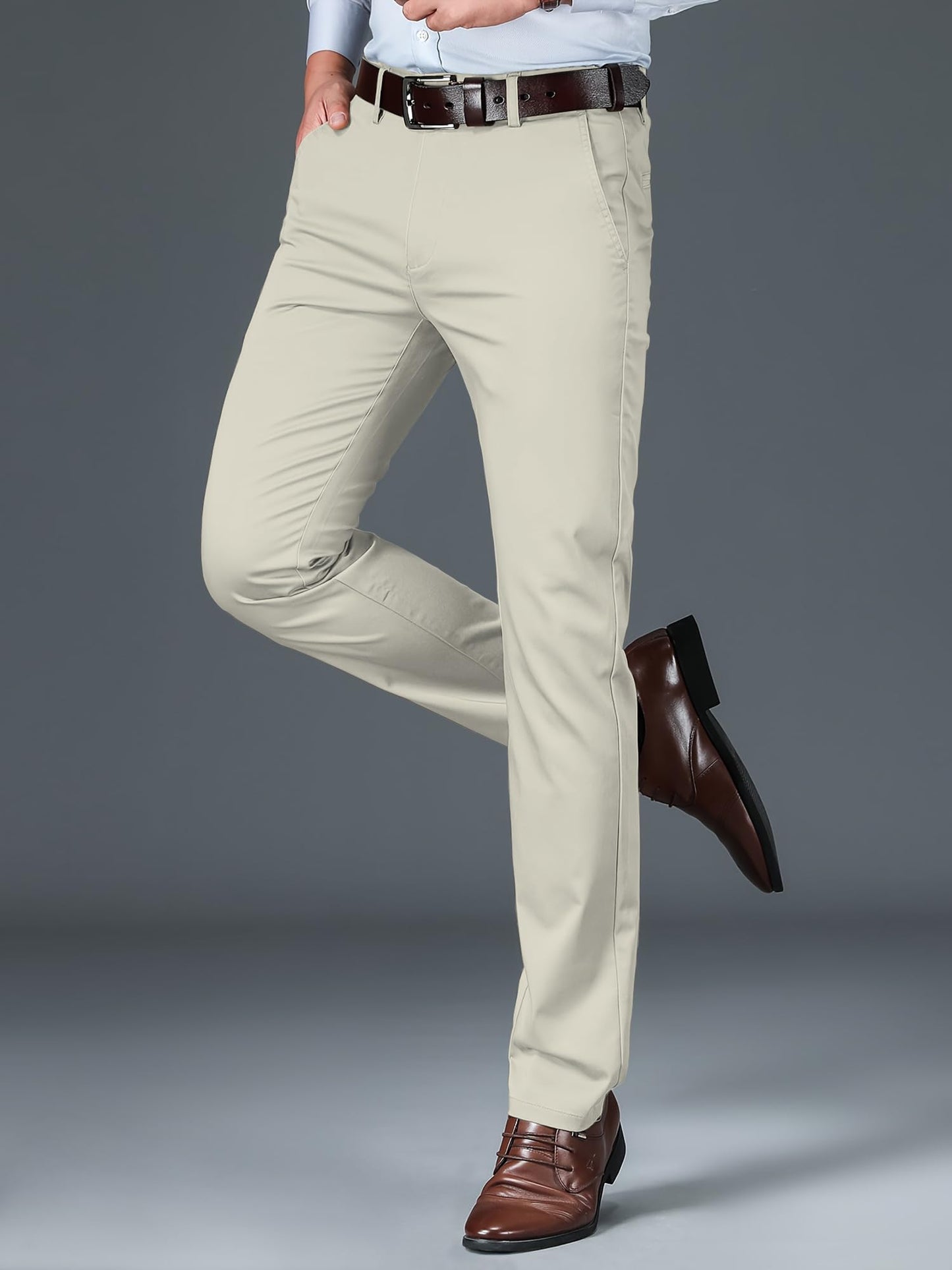 AVANOVA Mens Beige Solid Trousers Light Business Style Slightly Stretch Straight Leg Pants for Outdoor Casual Daily (Trouser 12