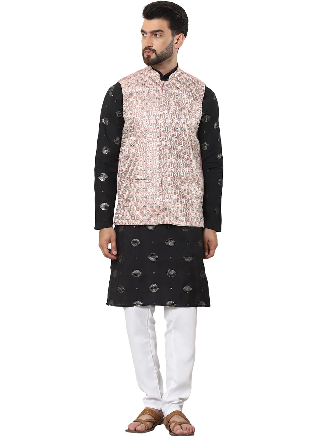 SOJANYA (Since 1958 Men's Cotton Silk Embroidered Black Kurta and White Pyjama with Designer Peach Nehru Jacket