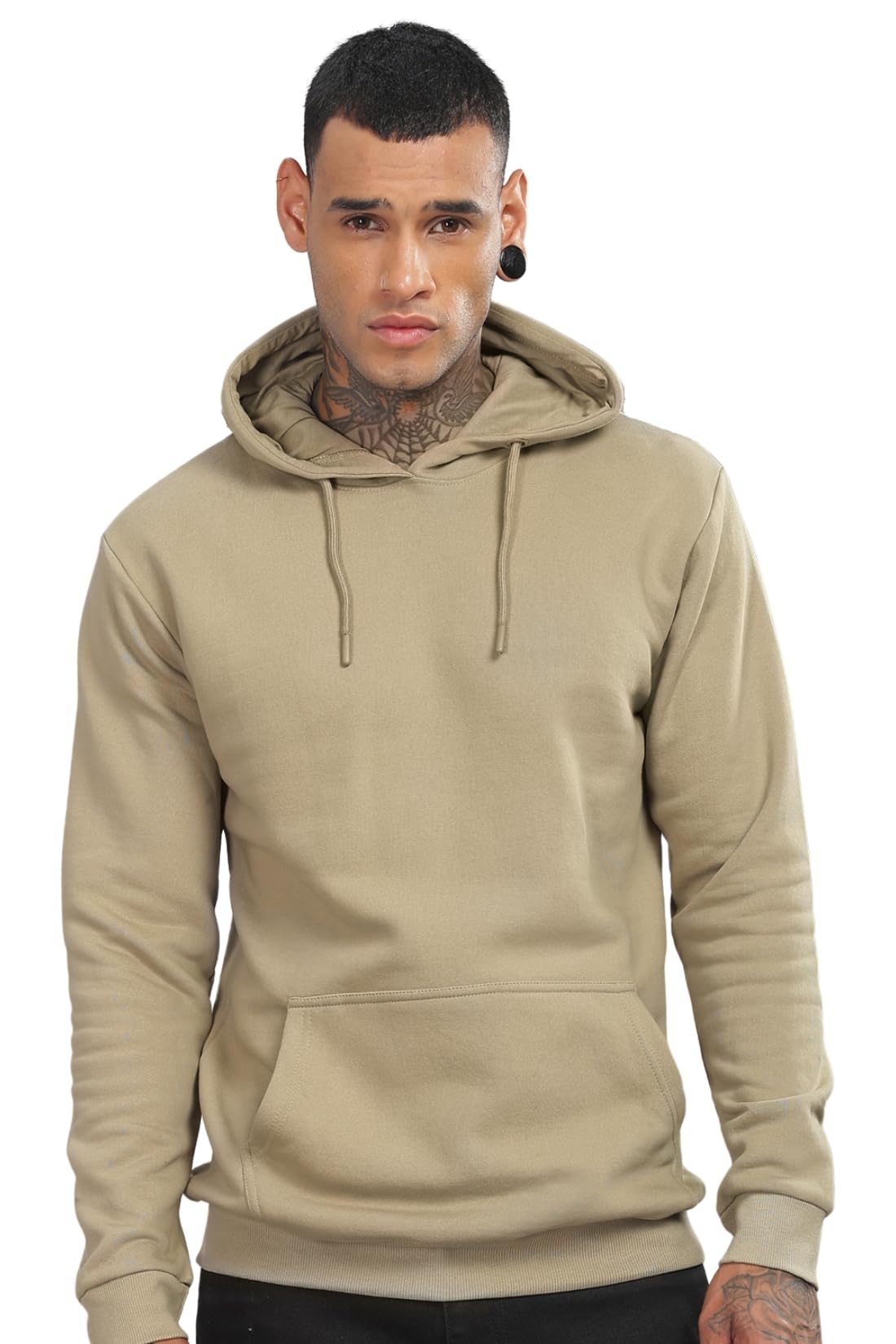 ADRO Mens Cotton Neck Hooded Sweatshirt (H24-M-PLN-BE_Beige