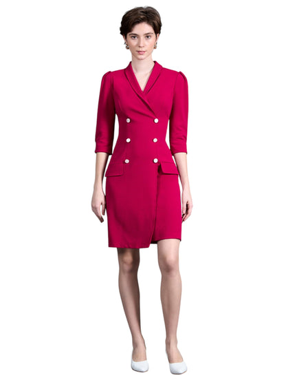 Miss Chase WomenS V-Neck 3/4 Sleeve Double Breasted Blazer Knee-Long Polyester Dress (Mcaw25D84-71-465-06, Mulberry Pink, Xl)
