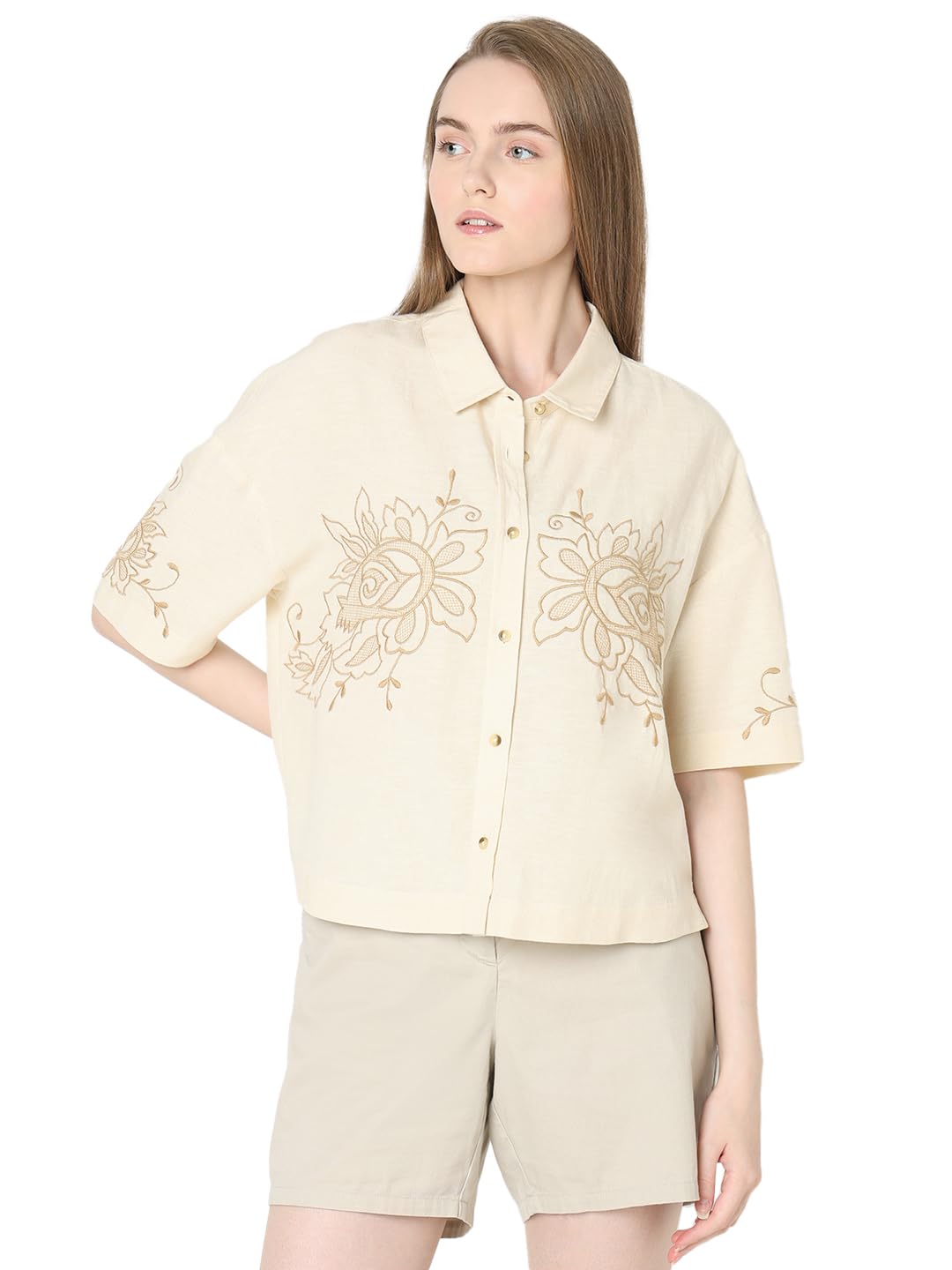 Vero Moda Women Embroidered Beige Viscose Relaxed Fit Shirt