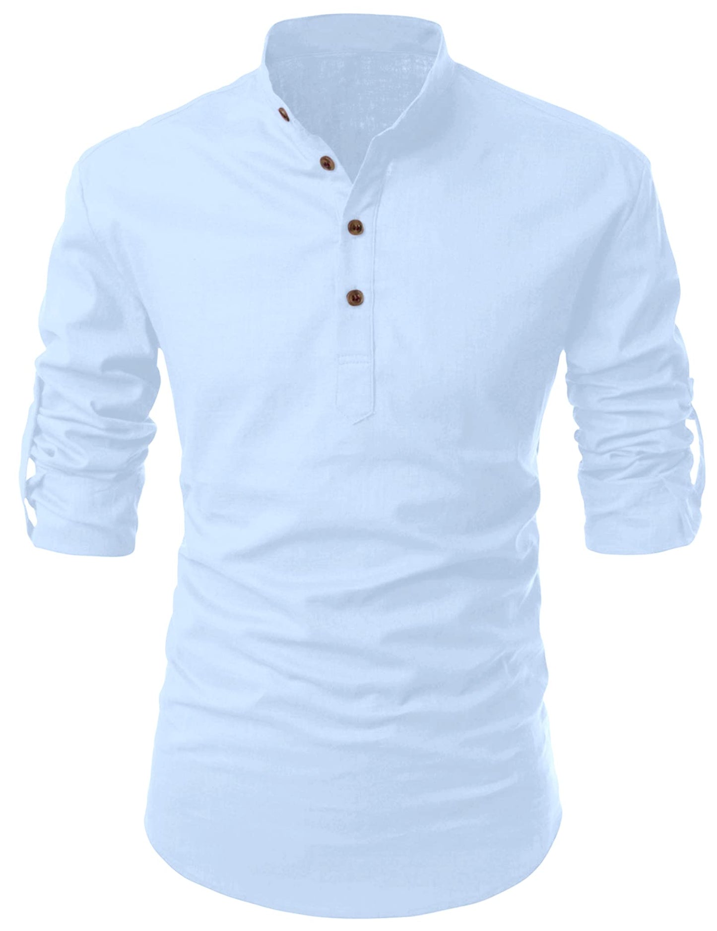 Zombom MenS Solid Cotton Blend Casual Regular Fit Mandarin/Chinese Collor Full Sleeve Kurta Shirt For Men Sky Blue