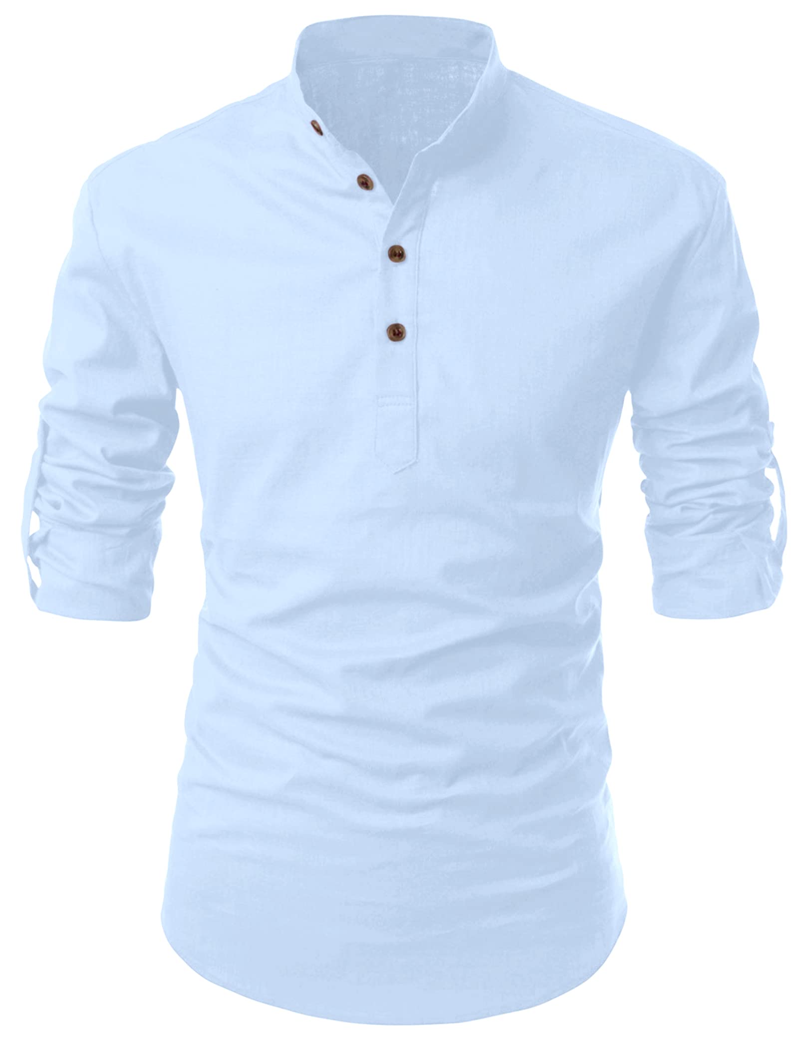 Zombom MenS Solid Cotton Blend Casual Regular Fit Mandarin/Chinese Collor Full Sleeve Kurta Shirt For Men Sky Blue