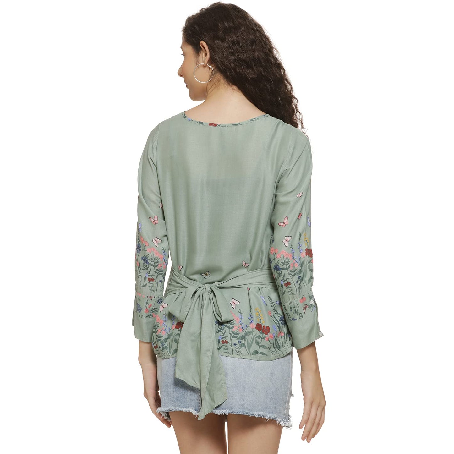Campus Sutra Womens Sage Green Botanical Garden Top for Casual Wear | Round Neck | Quarter Sleeve | Pull On Closure | Polyester