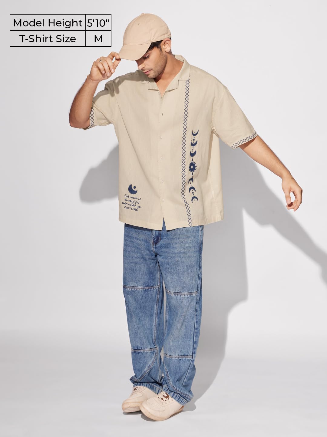 The Souled Store Bloom: Believe Men and Boys Short Sleeves Collared Neck Button Front Beige Embroidered Regular Fit Cotton Shirt