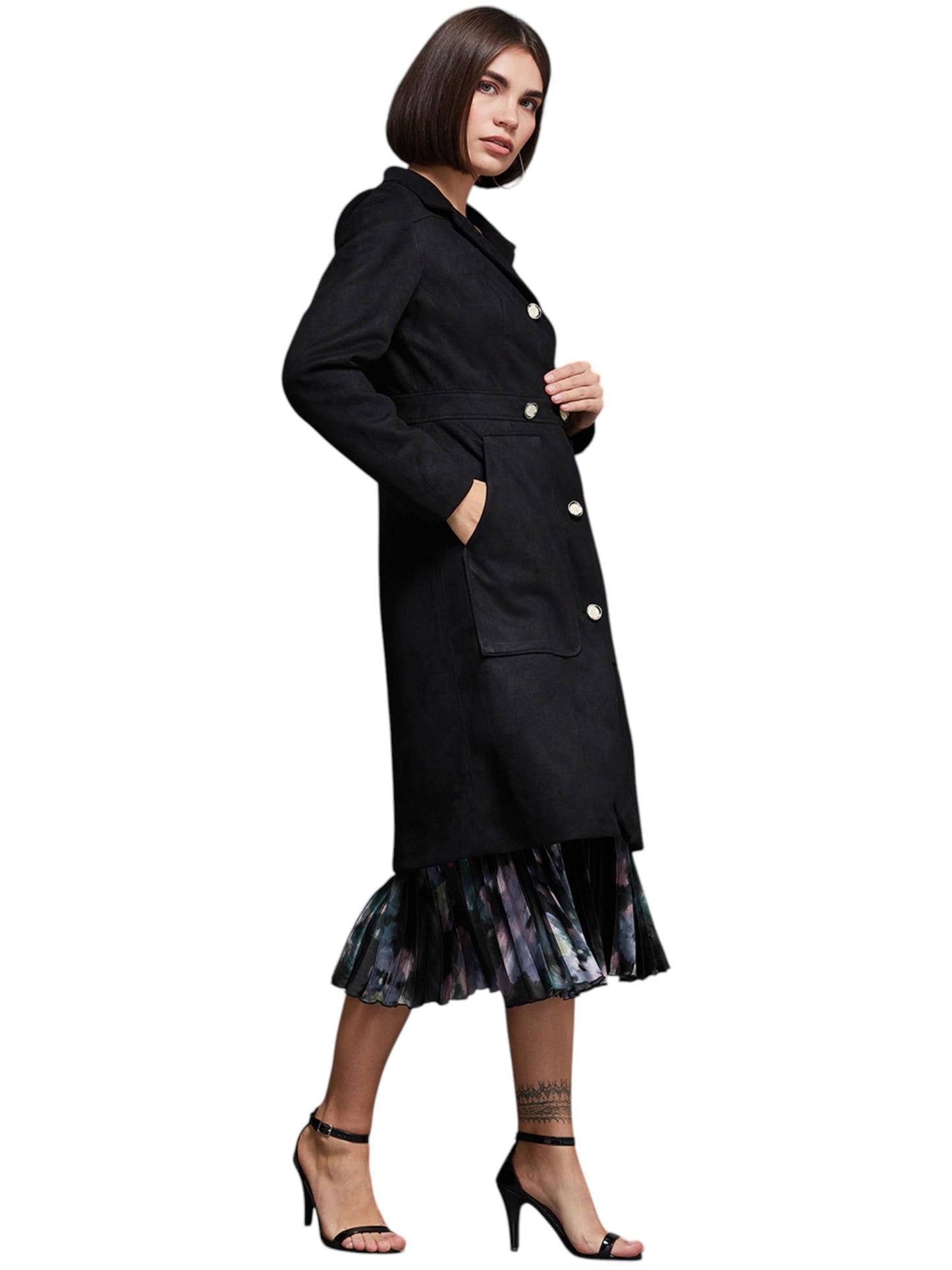 Miss Chase Womens Shirt Collar Full Sleeves Patched Pocketed Button Down Longline Jacket (MCAW24JKT99-52-668-06, Abyss Black, X
