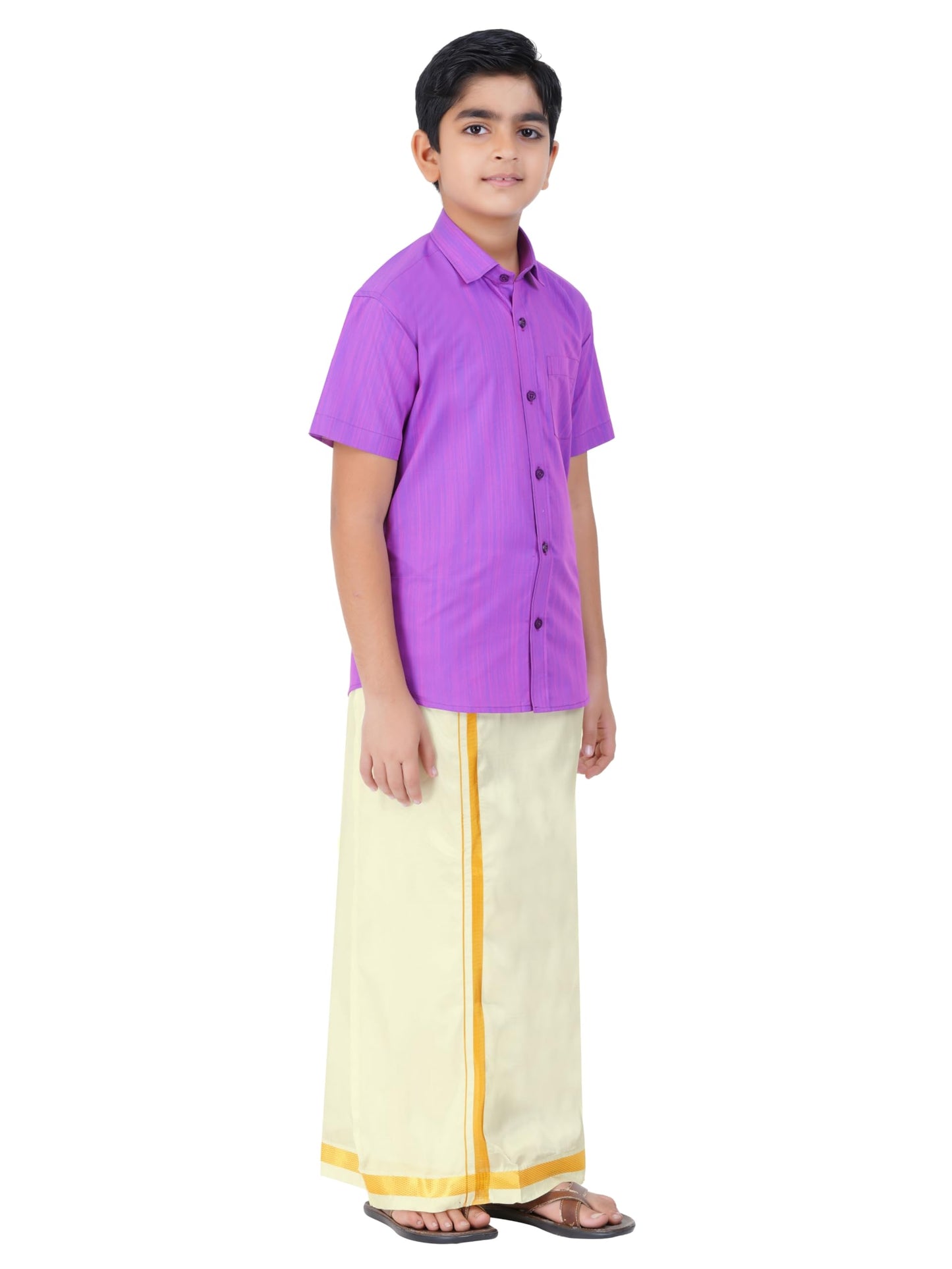 Boys Cotton Half Sleeve Self Design Shirt With Stitched Art Silk Dhoti For Boys (Madriyad-Lavender)