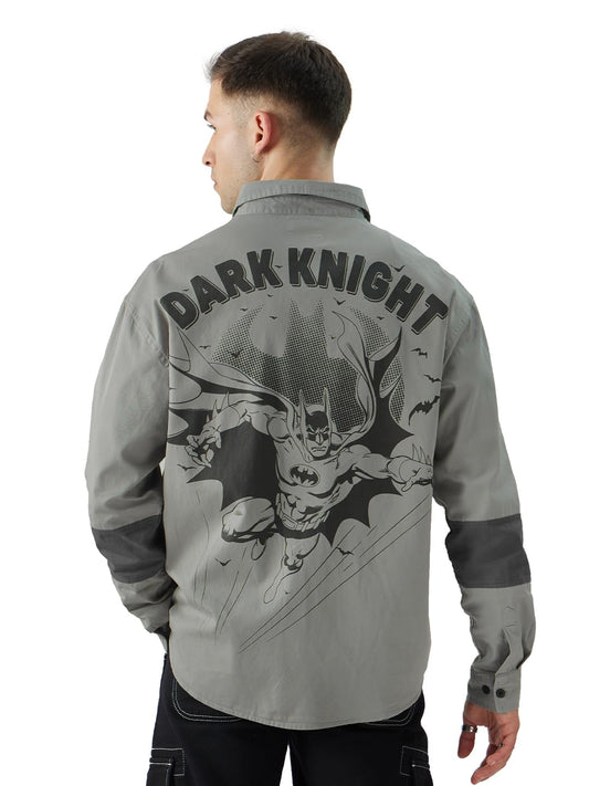 The Souled Store Official Batman: Dark Knight Returns Men and Boys Long Sleeve Collared Neck Button Front Grey Garphic Print Ove