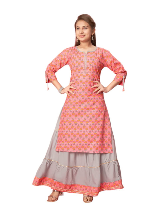 Aarika Girls Gajri-Grey Colour Cotton Printed Kurti Skirt Set