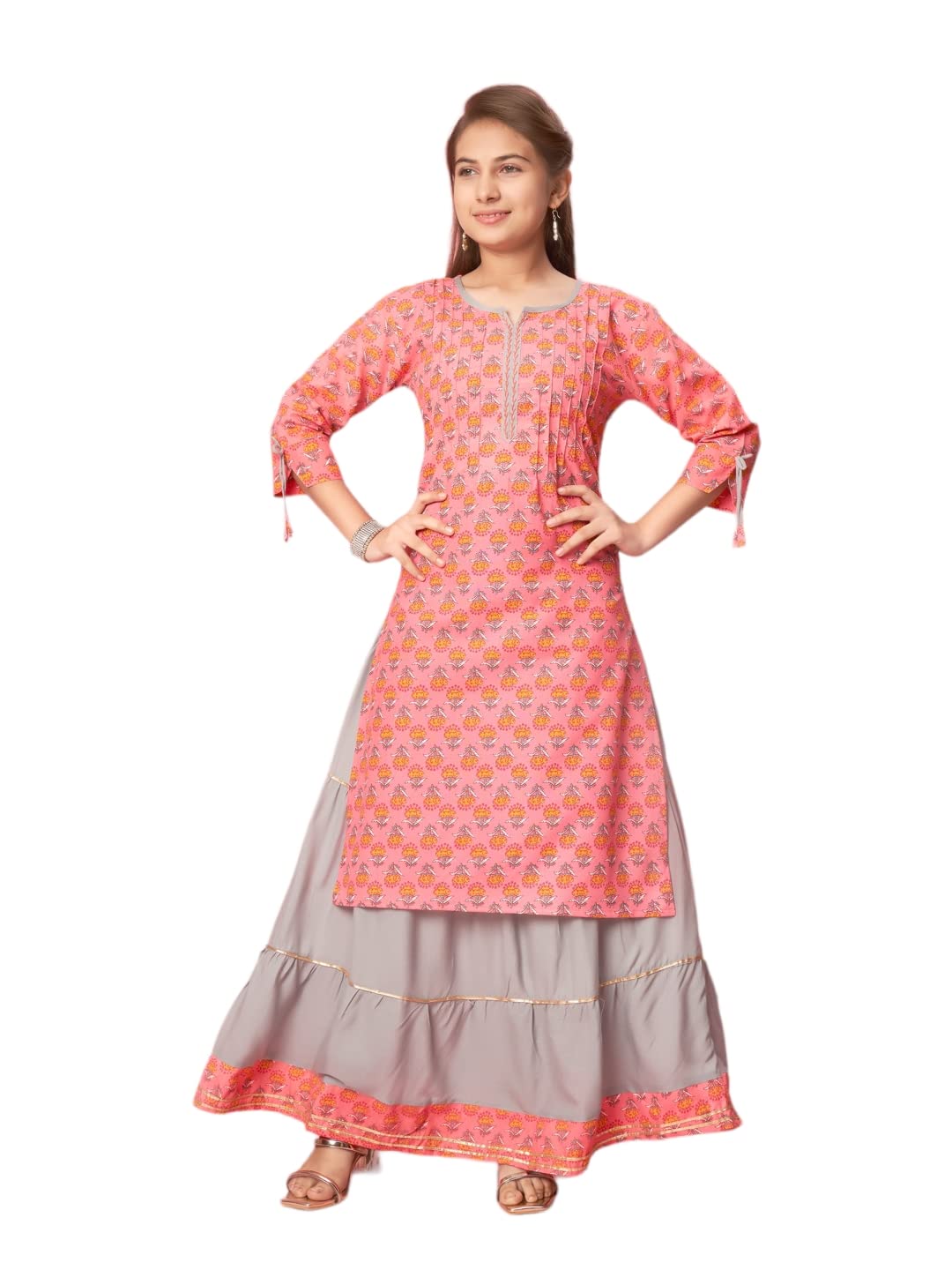 Aarika Girls Gajri-Grey Colour Cotton Printed Kurti Skirt Set (New_KS-GH-K-480-GAJRI-32)