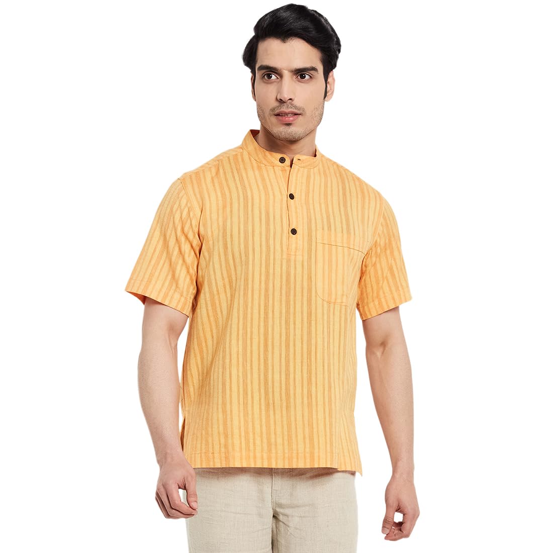 Fabindia MenS Cotton Striped Relaxed Fit Shirt (101819101_Yellow
