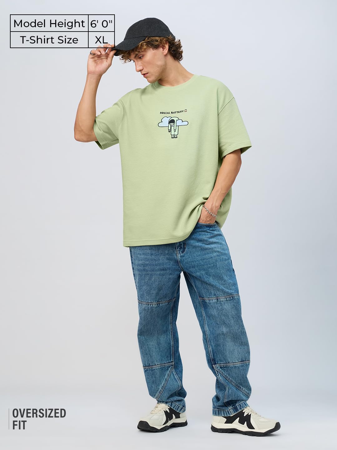 The Souled Store Ottoman: Social Battery Men and Boys Short Sleeves Round Neck Green Embroidered Textured Lightweight Casual Str