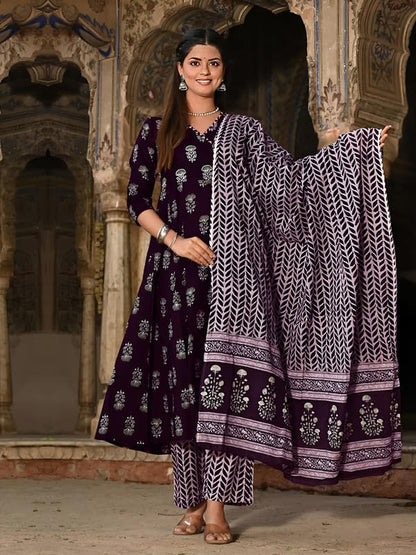 Pinkmint WomenS Cotton Blend Indigo Printed Printed Kurta With Pant & Dupatta