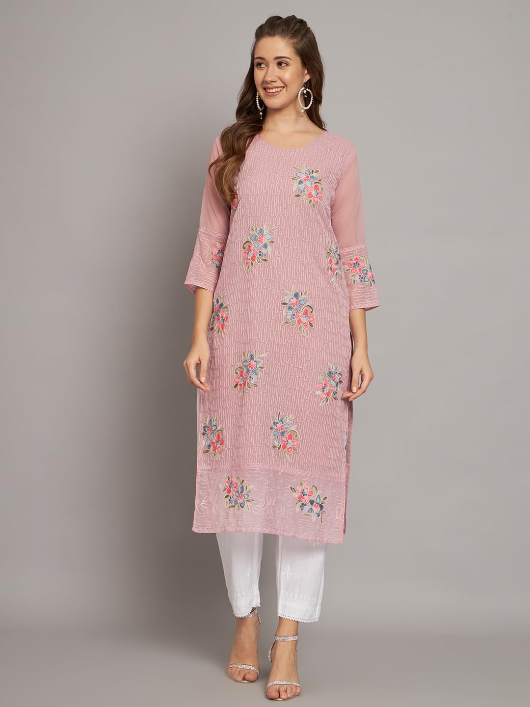Ekasya WomenS Georgette Straight Cut Round Neck Kurta With Beautiful Floral Embroidery Work - Elegant Design, Comfortable Fit,