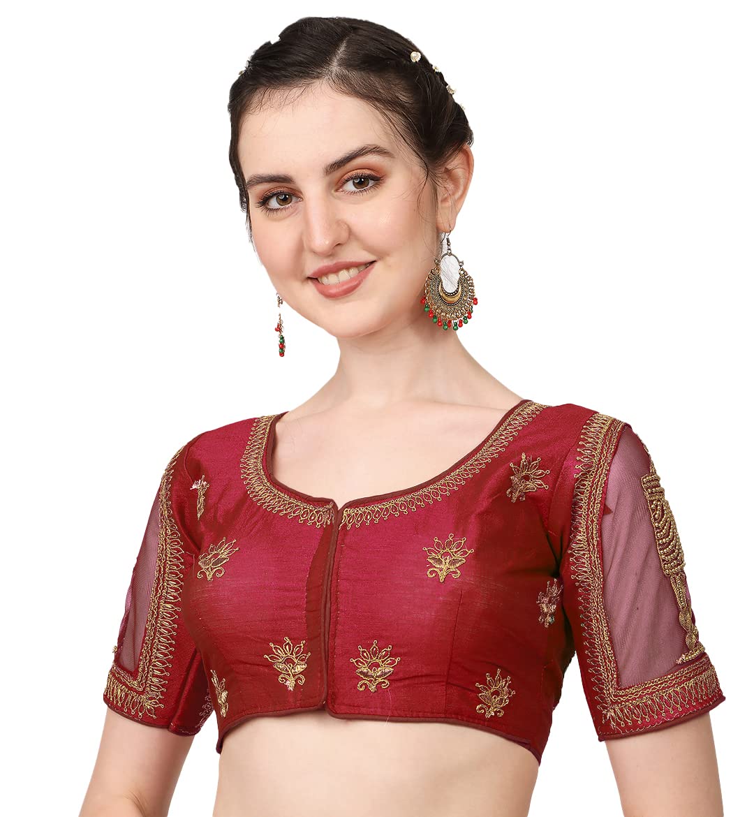 Pujia Mills WomenS Multicolor Temple Embroidery Net Back Sequence Khatli Work Sleeves Design Phantom Silk Readymade Saree Blous